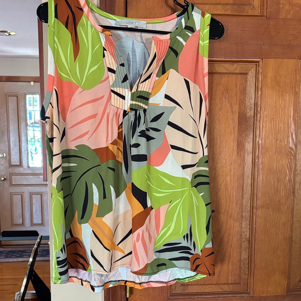 LOFT Women's Leaf Print Tank Top - Green, Pink, Brown